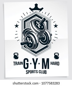 Heavy load power lifting championship vector advertising poster created with disc weight dumbbell, kettle-bell sport equipment and royal crown. Train hard lettering.