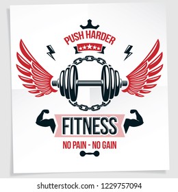 Heavy load power lifting championship advertising poster. Vector composition of muscular athlete arm with disc weight dumbbell and kettle bell sport equipment. No pain, no gain lettering.