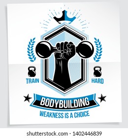 Heavy load power lifting championship vector advertising poster created with strong muscular bodybuilder arm holding dumbbell sport equipment. Weakness is a choice lettering.