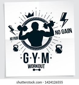 Heavy load power lifting championship advertising poster created with vector illustration of athletic sportsman holding fitness dumbbells sport equipment. No pain, no gain lettering.