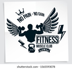 Heavy load power lifting championship advertising poster created with vector illustration of athletic sportsman holding fitness dumbbells sport equipment. No pain, no gain lettering.