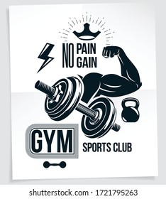 Heavy load power lifting championship advertising poster. Vector composition of muscular athlete arm with disc weight dumbbell and kettle bell sport equipment. No pain, no gain lettering.