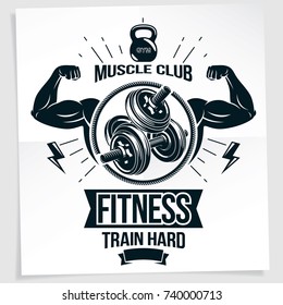 Heavy load power lifting championship advertising poster. Vector composition of muscular athlete arm with disc weight dumbbell and kettle bell sport equipment. Train hard quote.