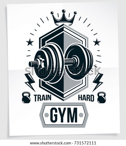 Heavy load power lifting championship vector advertising poster created with disc weight dumbbell, kettle-bell sport equipment and royal crown. Train hard lettering.
