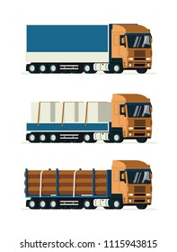 Heavy load trucks set. Flat colours vector illustration of freight transportation on white background. Freight truck, open trailer and lumber carrier set.