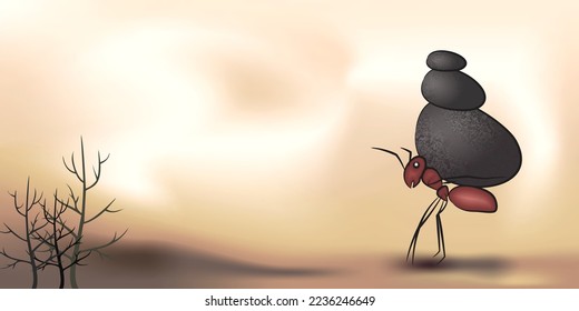 Heavy load vector illustration design. illustration of an ant carrying a pile of stones. for covers, posters and others