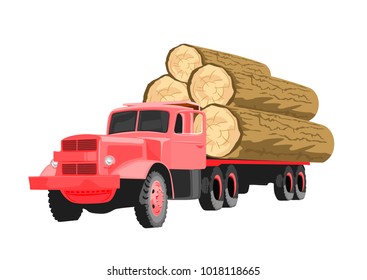 Heavy loaded red logging truck isolated on white background