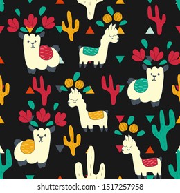 heavy look llamas with flower wreaths cactuses and triangles on a black background