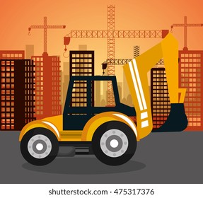 heavy machinary over city construction background vector illustration icon