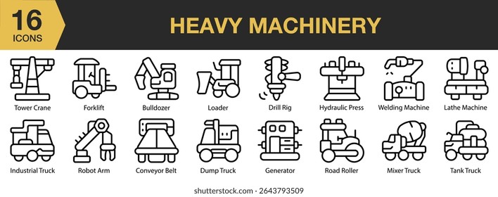 Conjunto de ícones de Máquina Pesada. Inclui máquinas, construção, indústria, pesada, máquina e muito mais. Contornar coleção de vetores de ícones.