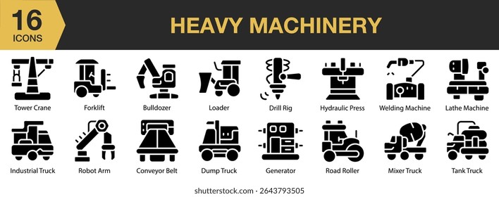 Conjunto de ícone sólido Heavy Machine. Inclui máquinas, construção, indústria, pesada, máquina e muito mais. Coleção vetorial de ícones sólidos.