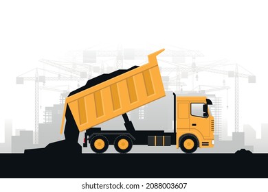 Heavy Machinery Background With Trucks Unloading Materials For Construction Work