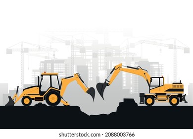 Heavy machinery of backhoe and excavator on wheels with gray background of buildings under construction