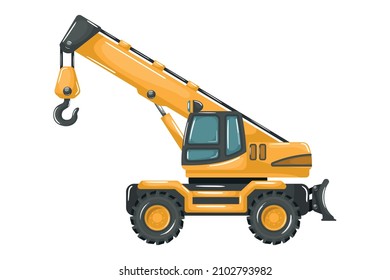 Heavy machinery with cartoon style yellow wheel telescopic crane on white background.