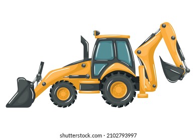 Heavy Machinery With Cartoon Style Yellow Backhoe For Construction And Mining Work