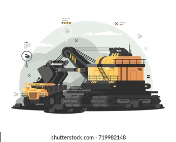 Heavy machinery for coal mining. Fuel and energy industry. Vector illustration