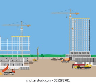 Heavy machinery at a construction site building high-rise building. Industrial cranes. Vector illustration