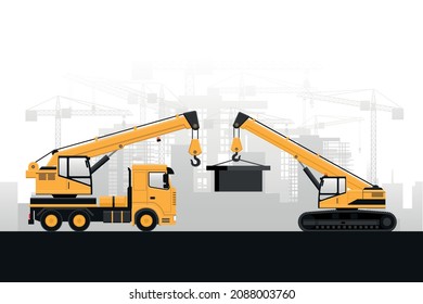 Heavy machinery of crane truck and telescopic crane holding an iron block in a construction with buildings on gray background