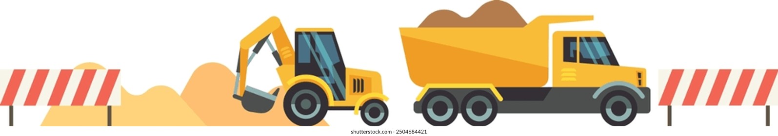 Heavy machinery digging ground and moving soil illustration