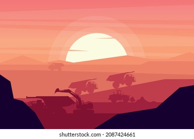 Heavy machinery of excavator, front loader and mining truck working in a mine with a sunset in the background