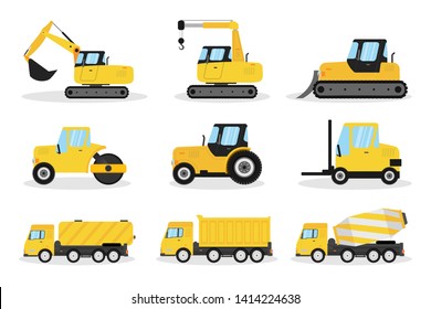 Heavy machinery flat vector illustrations set. Excavator, crane, bulldozer. Construction vehicles pack. Road roller, tractor, forklift. Industrial equipment. Fuel tanker, dump truck, concrete mixer