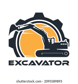 Heavy machinery icon with crawler excavator and operator working shadows