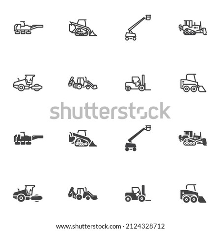 Heavy machinery icon set, construction vehicle line and glyph version, outline and filled vector sign. linear and full pictogram. Symbol logo illustration. Set includes icons as construction trucks