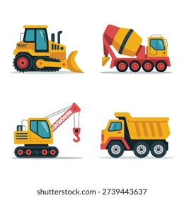 Heavy machinery icon set featuring bulldozer, cement mixer, crane truck and dump truck, construction graphics for classroom, birthday banner design