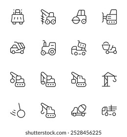 Heavy Machinery icon set. Set of special equipment, crawler excavator, trucks, vehicles, trailers, road construction machines, municipal machinery, tower crane, boom lift vector icons