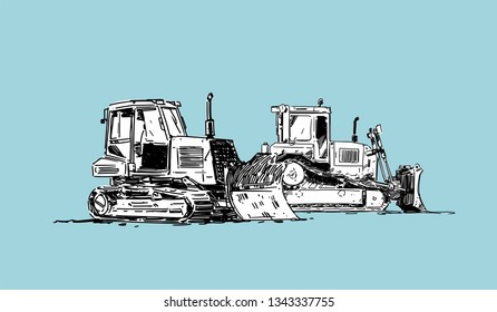 Heavy Machinery Illustration. Bulldozers. Hand drawn sketch