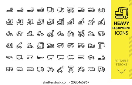 Heavy Machinery isolated icon set  Set special equipment  crawler excavator  trucks  vehicles  trailers  road construction machines  municipal machinery  tower crane  boom lift  vector icons 
