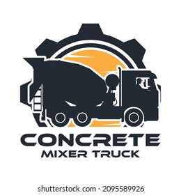 Heavy machinery label with operator driving concrete mixer truck with gear in the background