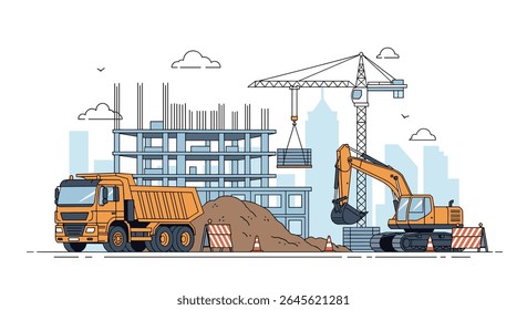 Máquinas pesadas operando em um novo local de construção de edifícios