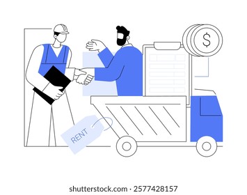 Heavy machinery rental isolated cartoon vector illustrations. Man renting a heavy machinery, excavation business, building equipment, household service, large backhoe vector cartoon.