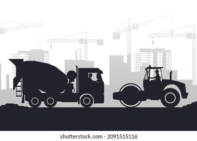 heavy machinery silhouette background with concrete mixer truck and soil compactor in a city under construction