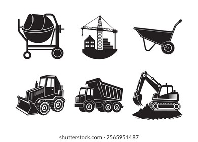 Heavy Machinery Silhouette Bundle Bulldozer Excavator Cement Mixer Crane Dump Truck Wheelbarrow