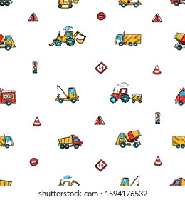 Heavy machinery sketch. Seamless pattern with hand-drawn cartoon construction objects - truck, excavator, tractor, bulldozer, tractor, concrete mixer Doodle drawing. Vector illustration.