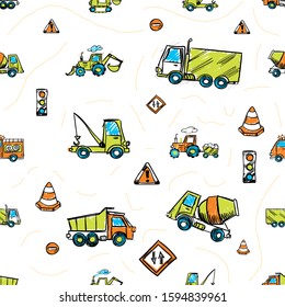 Heavy machinery sketch. Seamless pattern with hand-drawn cartoon construction objects - truck, excavator, tractor, bulldozer, tractor, concrete mixer Doodle drawing. Vector illustration.