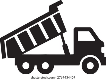 Heavy machinery vector icon of dumper truck with raised bed showing loading mechanism on checkered background for industrial and transport projects.