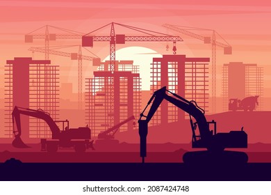 Heavy machinery of wheel excavator, concrete truck, hammer excavator and telescopic crane working on building construction with sunset background