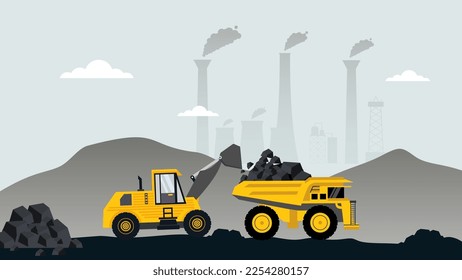 heavy machinery of wheeled excavator filling with coal materials on a truck.