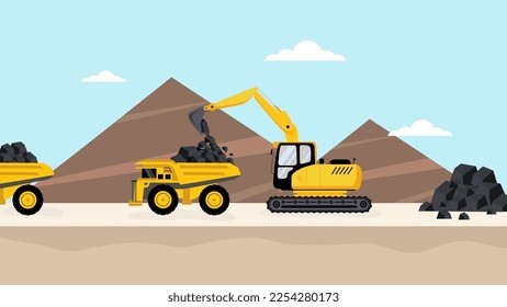 heavy machinery of wheeled excavator filling with coal materials on a truck.