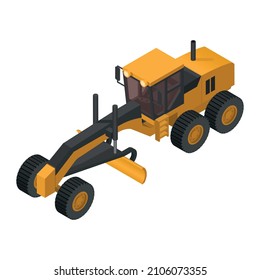 heavy machinery with yellow 3d isometric motor grader on white background