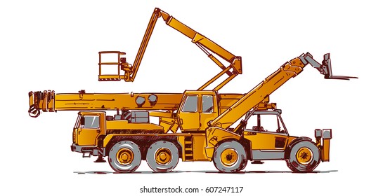 Heavy Machines. Telescopic Loader, Truck Crane, Bucket Truck