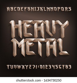 Heavy Metal Alphabet Font. 3D Golden Color Beveled Letters And Numbers. Stock Vector Typescript For Your Design.