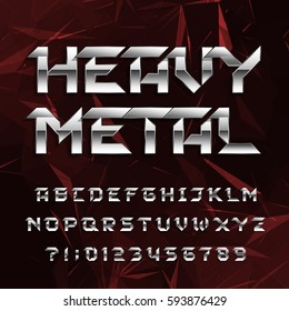 Heavy Metal Alphabet Font. Chrome Effect Letters And Numbers On Abstract Polygonal Background. Stock Vector Typeface For Your Design.