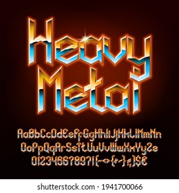 Heavy Metal Alphabet Font. Glowing Letters, Numbers And Punctuations In Hard Rock Style. Uppercase And Lowercase. Retro Typescript For Your Typography Design.