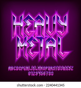 Heavy Metal alphabet font. Glowing letters, numbers and punctuations in heavy metal style. Retro typescript for your typography design.