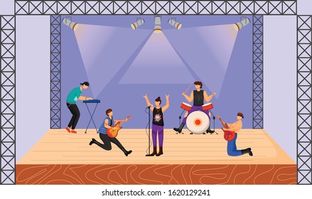 Heavy metal band flat vector illustration. Music group performing at concert. Musicians playing together on stage. Live musical performance. Festival, event. Cartoon characters