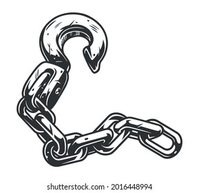 Heavy metal chain with big hook in vintage monochrome style isolated vector illustration